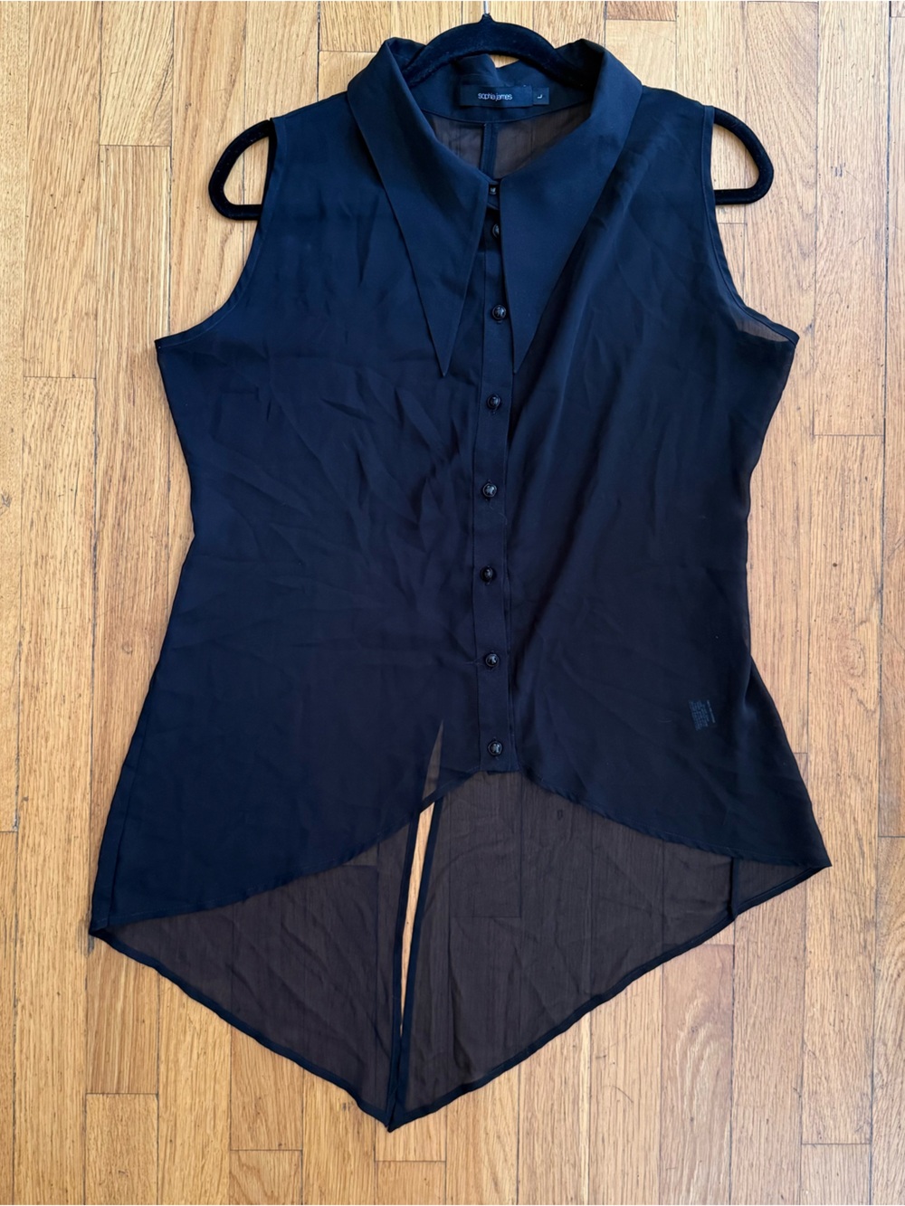SOPHIA JAMES Sleeveless Black Sheer High-Low Button Front Top size large